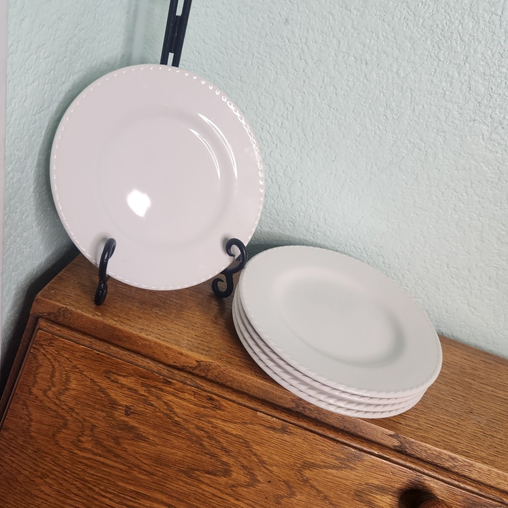 Pier 1 Bianca Ironstone Rope Edge Bright White 8" Salad Plates Brazil Set 5